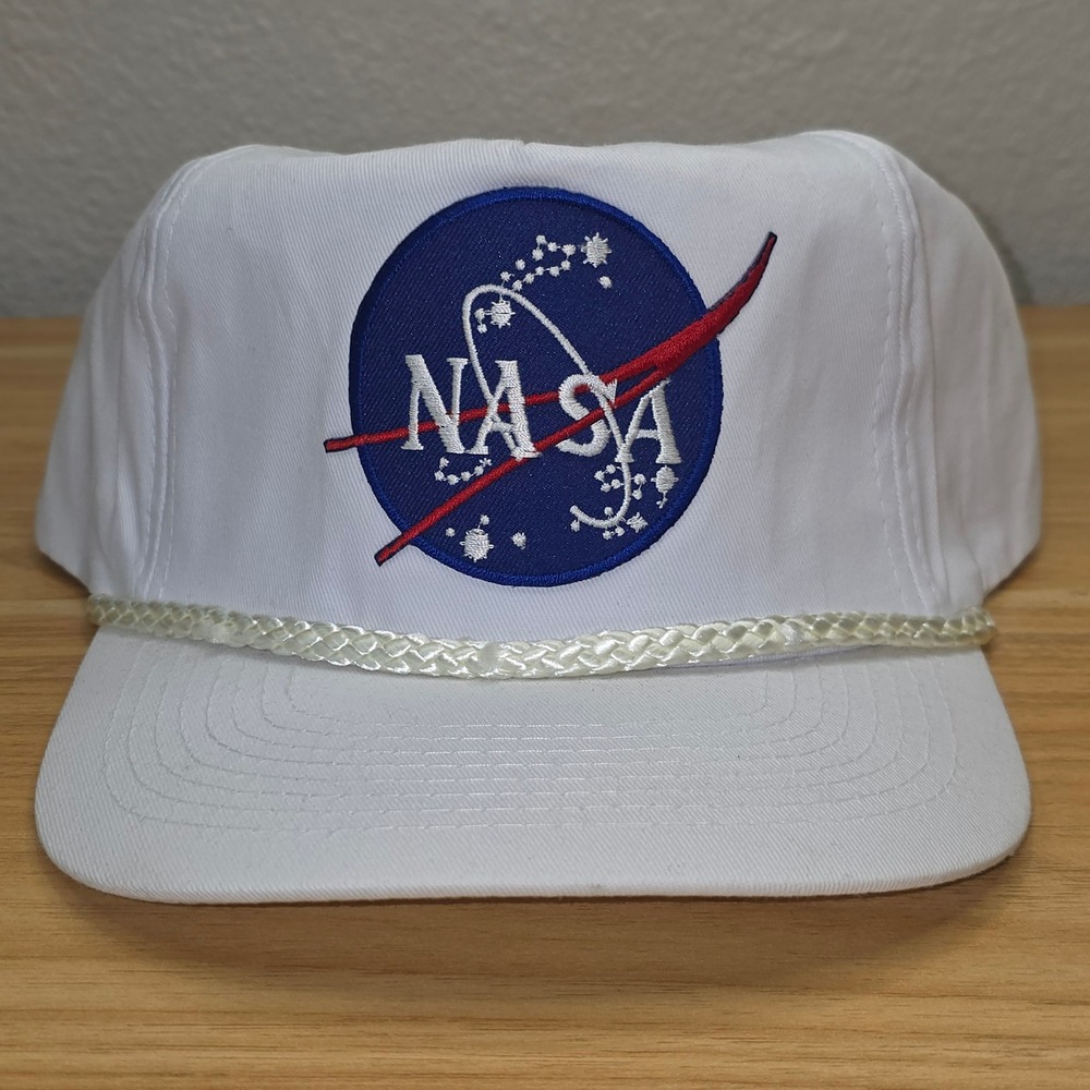 Vintage NASA Patch Trucker Hat All White Rope Brim Snapback Hat Adjustable